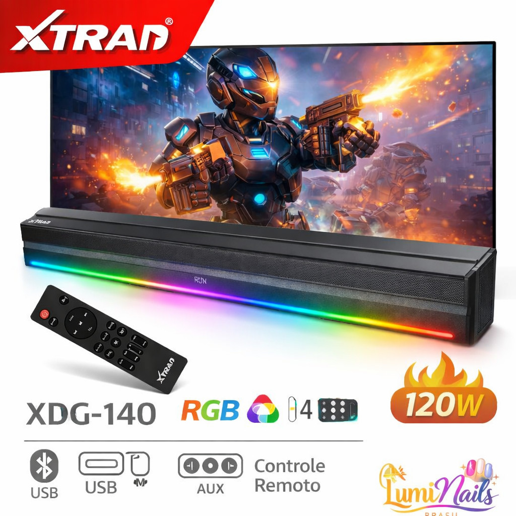 Caixa de Som Soundbar Bluetooth 120W RGB com Controle Remoto USB AUX FM – XDG-140