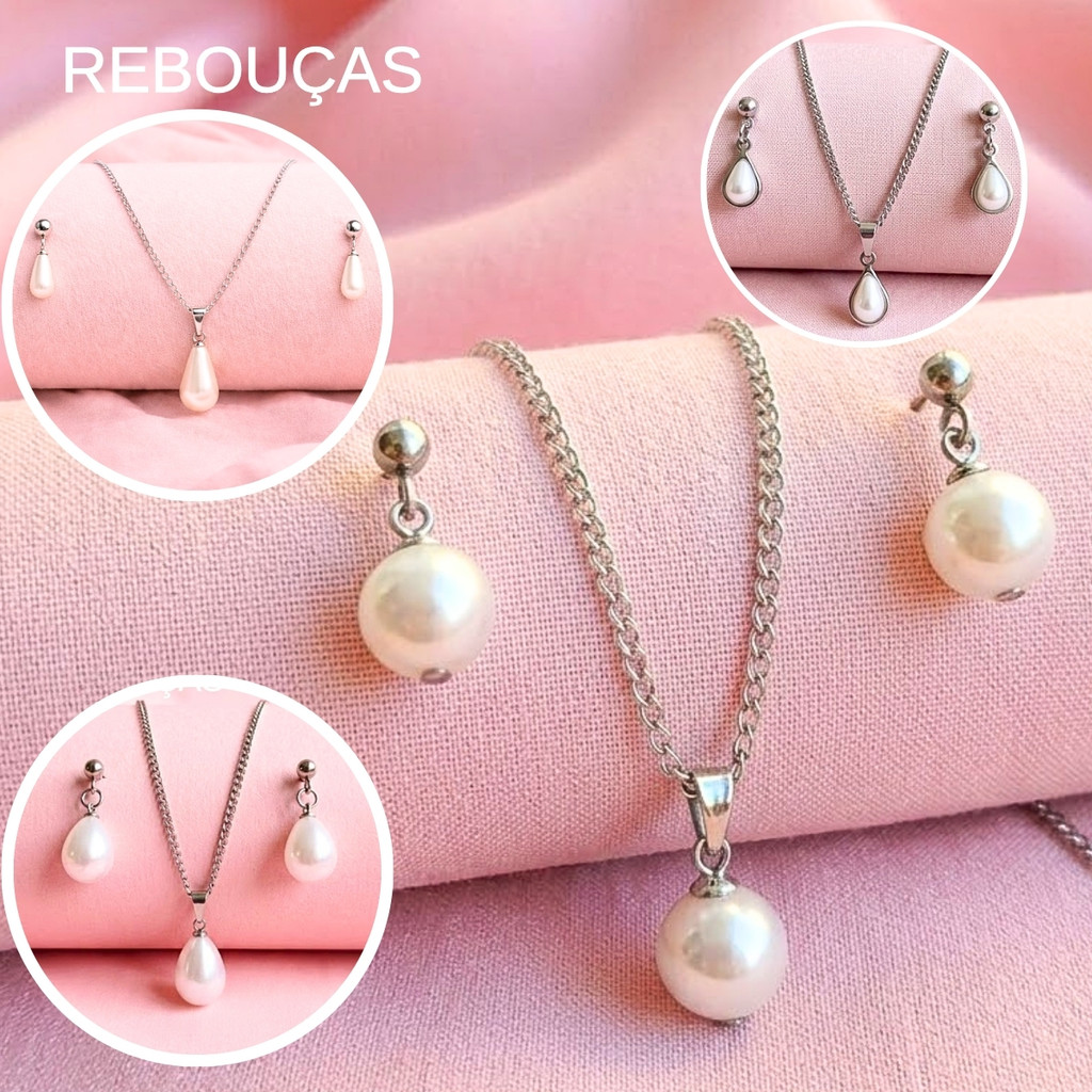 Conjunto pérola aço inox colar brinco pingente pérola cirúrgico feminina pérolas perola presente