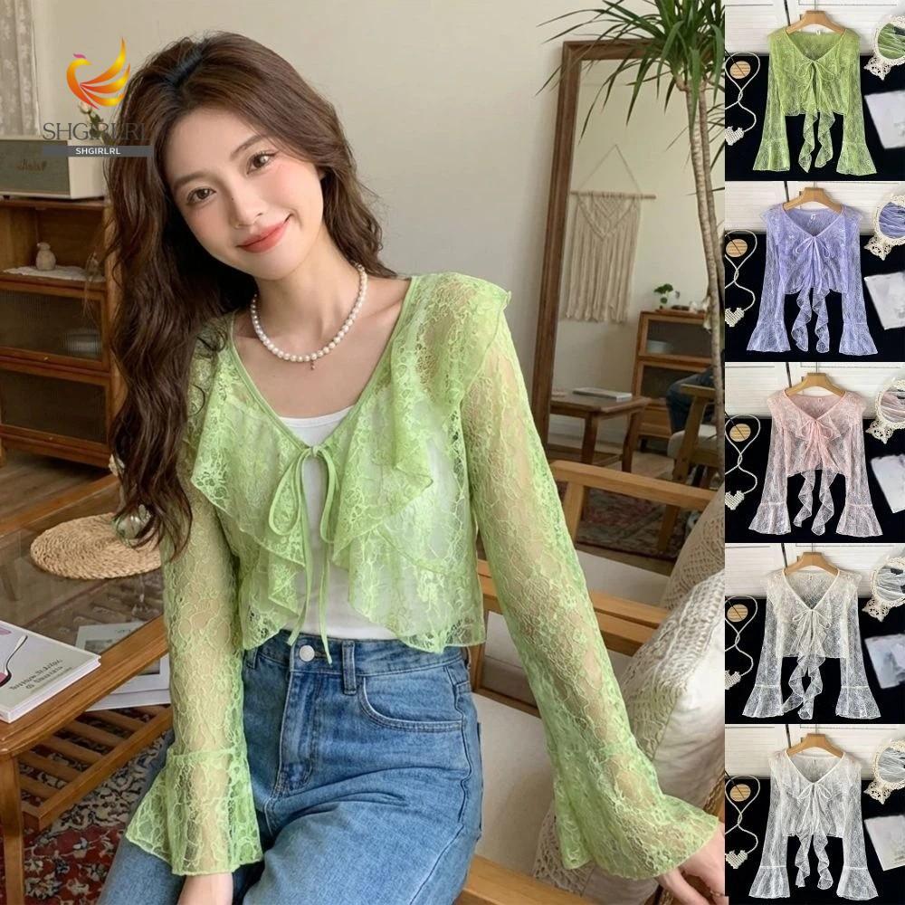 Cardigã De Renda SHGIRLRL , Proteção Solar Com Decote Em V E Manga Larga , Camisa Vazada À Prova De Sol Babados