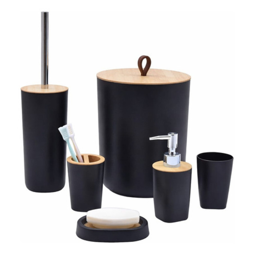 Kit Banheiro Moderno Bambu Com 6 Peças Lixeira Fechada Preto
