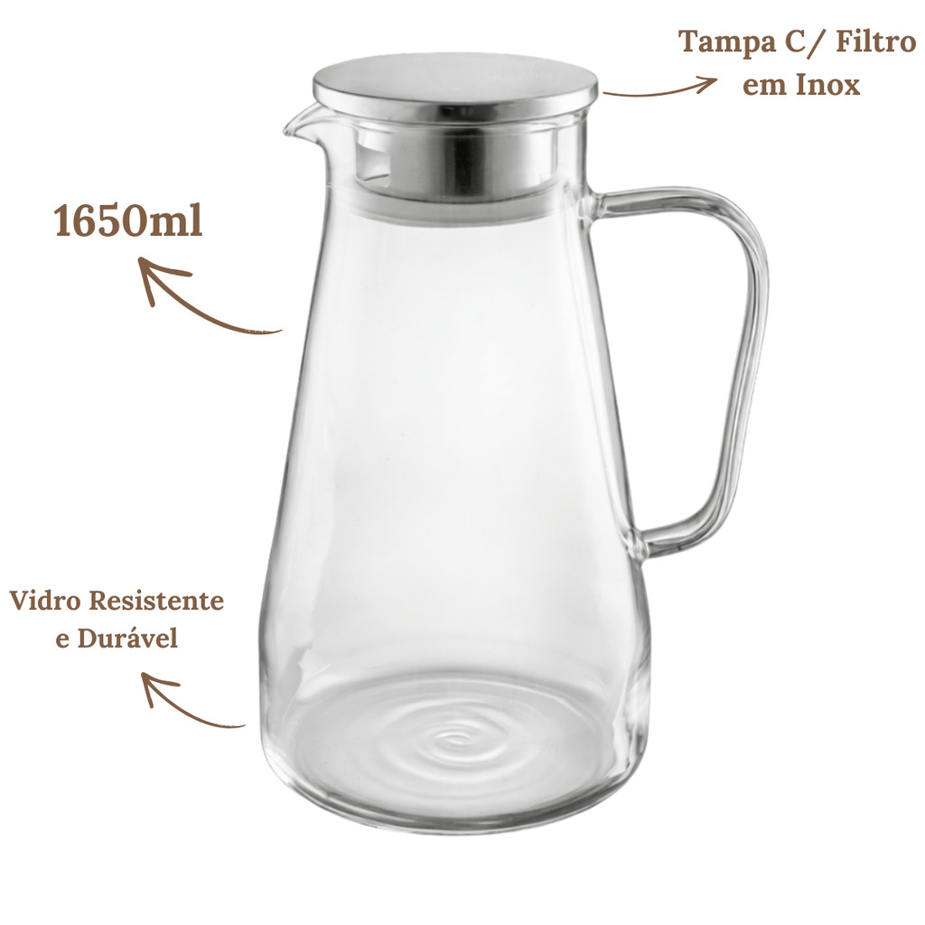 Jarra de Vidro Borossilicato 1650ml com Tampa Inox  Resistente e Filtro para Água Suco Chá