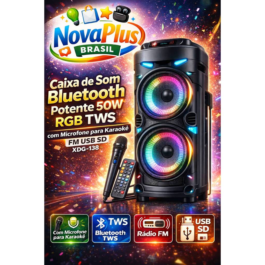 Caixa de Som Bluetooth Potente 50W RGB TWS com Microfone Sem Fio FM USB SD XDG-138