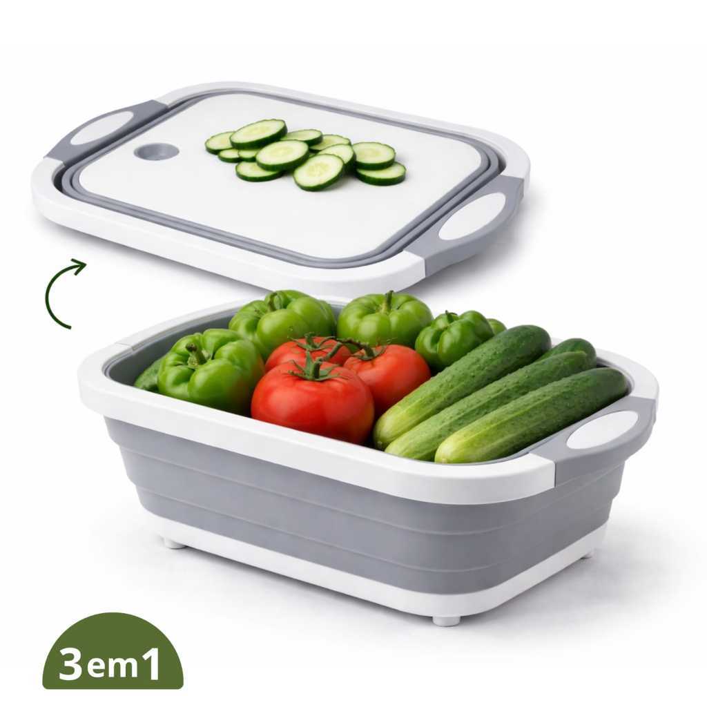 Tábua Bacia Retrátil Silicone 3 em 1 Escorredor Frutas Legumes Cozinha