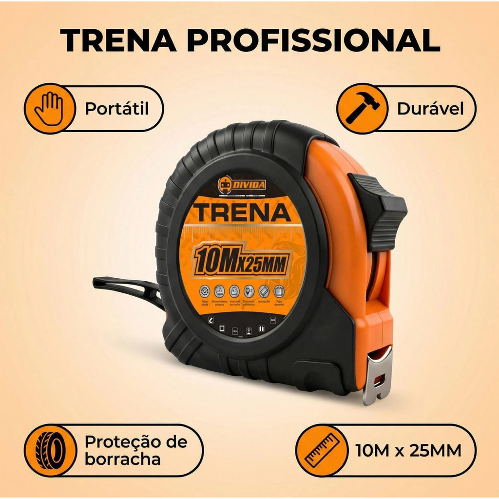 Trena 5/7/10 Metros Profissional Emborrachada com Trava Fita Aço Carbono Alta Precisão Resistente b