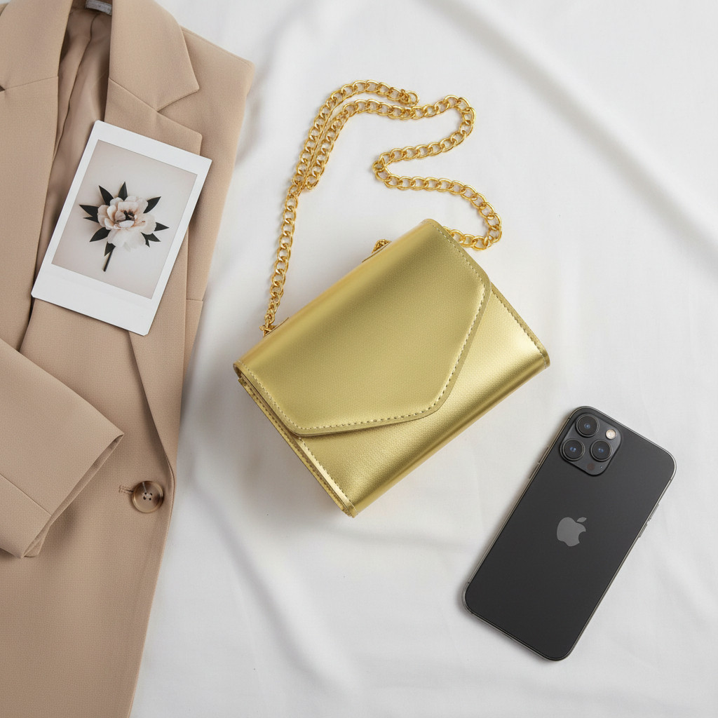 Bolsa Feminina Pequena Metalizada de Alça Corrente Dourada Frete Gratis