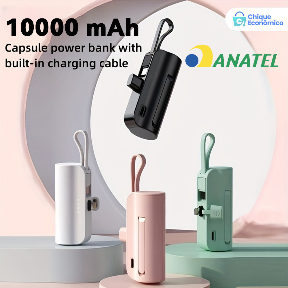 Power Bank Mini 10000mAh para Viagens: Recarga Sem Fio e Cabo (iPhone e Tipo-C) 2em1