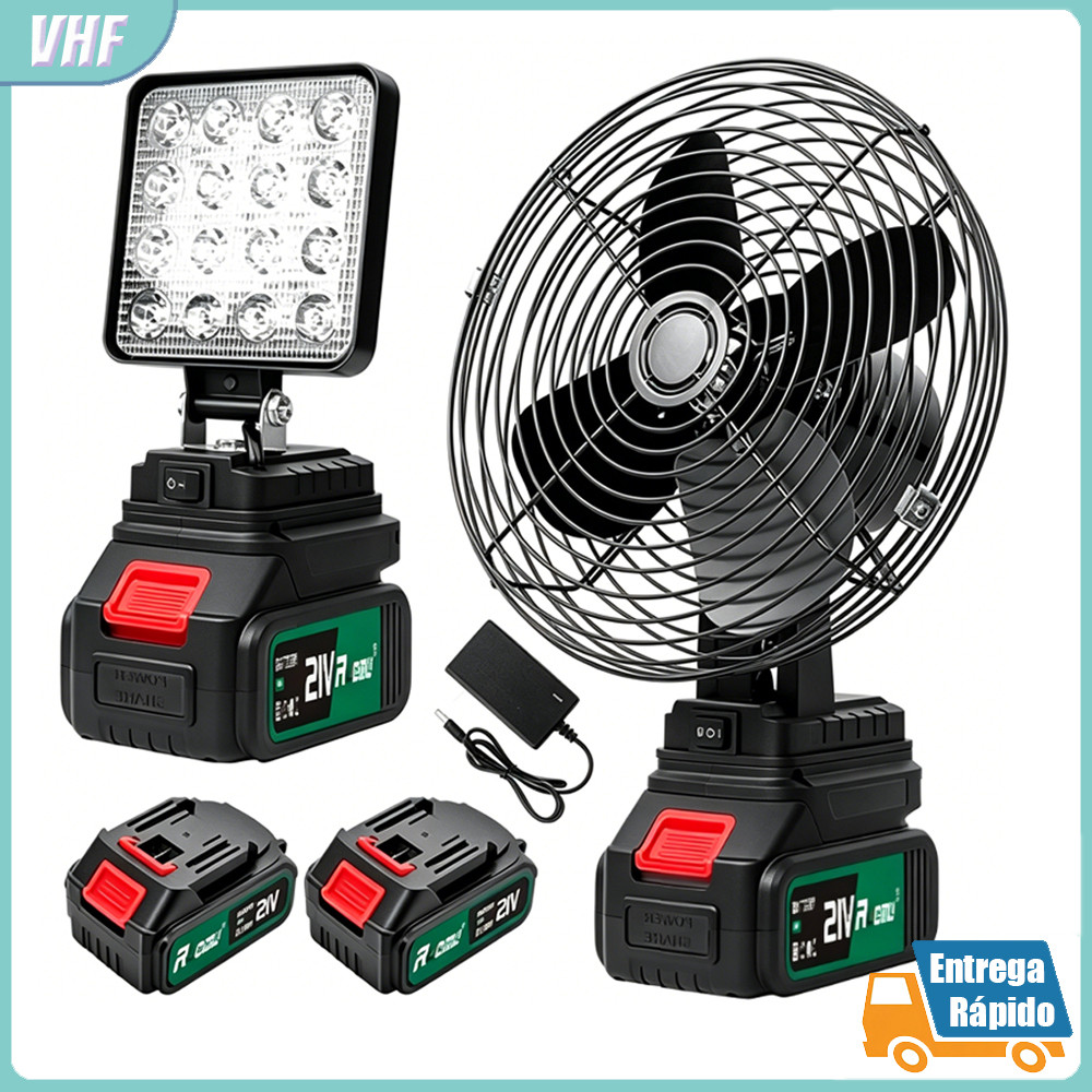 Ventilador de Mesa Portátil 8'' 21V com Lanterna de Trabalho 4'' LED 2 Baterias Recarregáveis