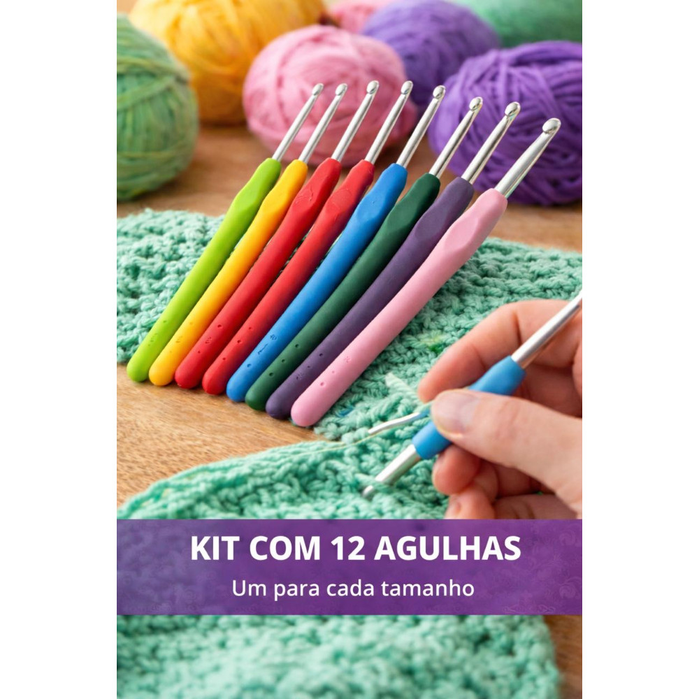 Kit c/ 12 e 8 Agulhas de Crochê Ergonômicas Profissionais - Cabo emborrachado e leve