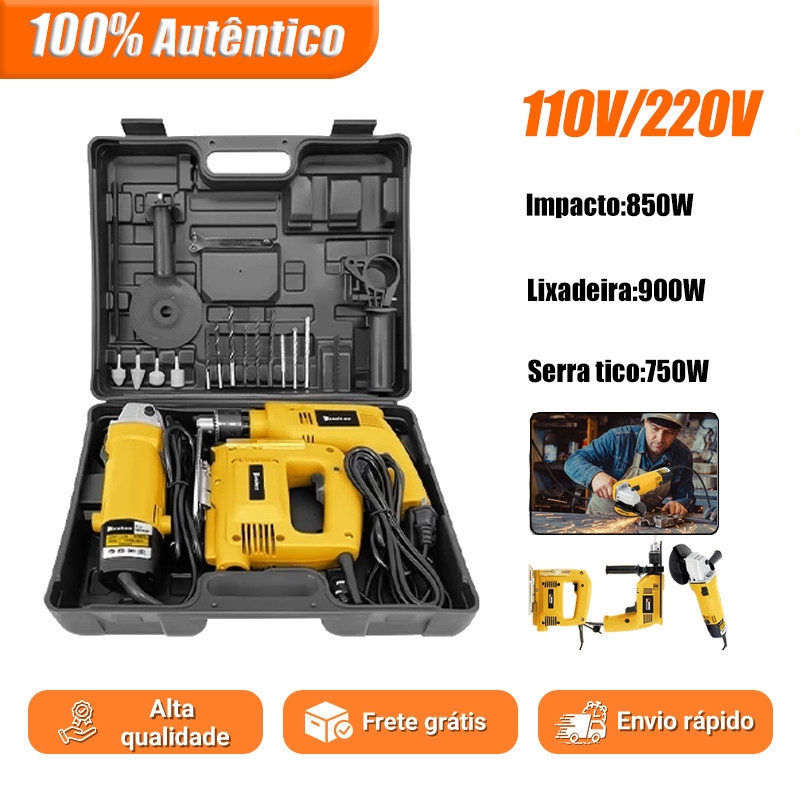 110V/220V KIT 3 Furadeira Parafusadeira E Lixadeira Esmerilhadeira E Serra Tico Tico Com Peças E Malet