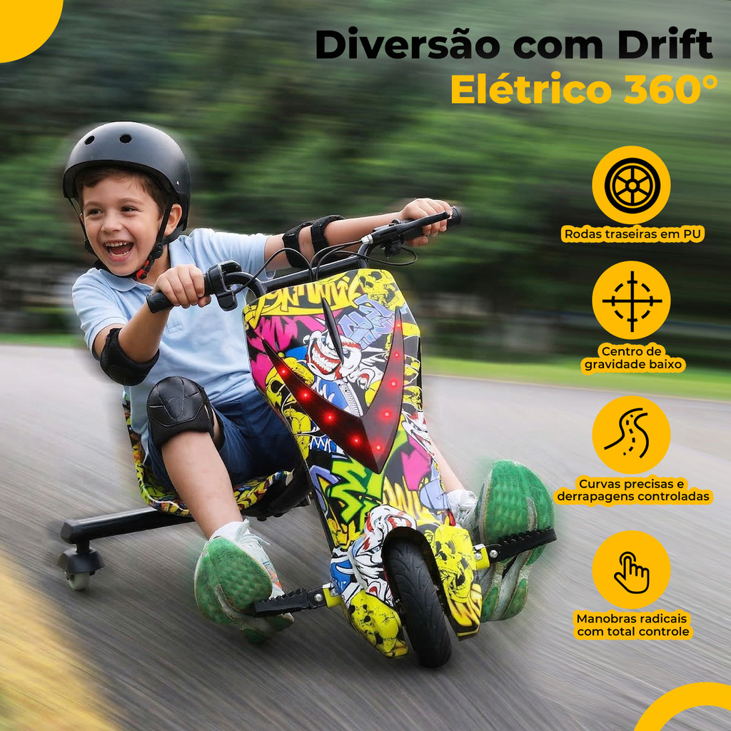 Triciclo Elétrico Infantil Drift Completo Com Kit Proteção Capacete Bluetooth LED 3 Velocidades