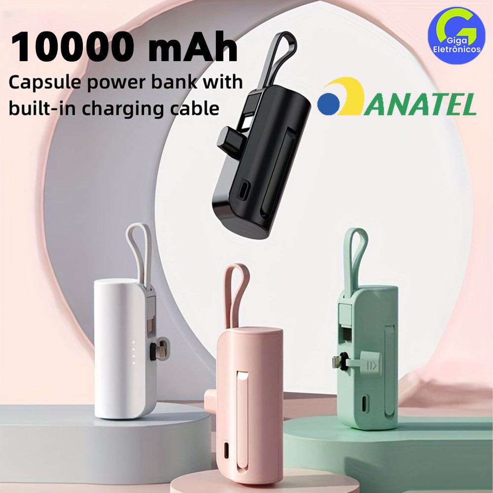 Power Bank Mini 10000mAh para Viagens: Recarga Sem Fio e Cabo (iPhone e Tipo-C) 2em1