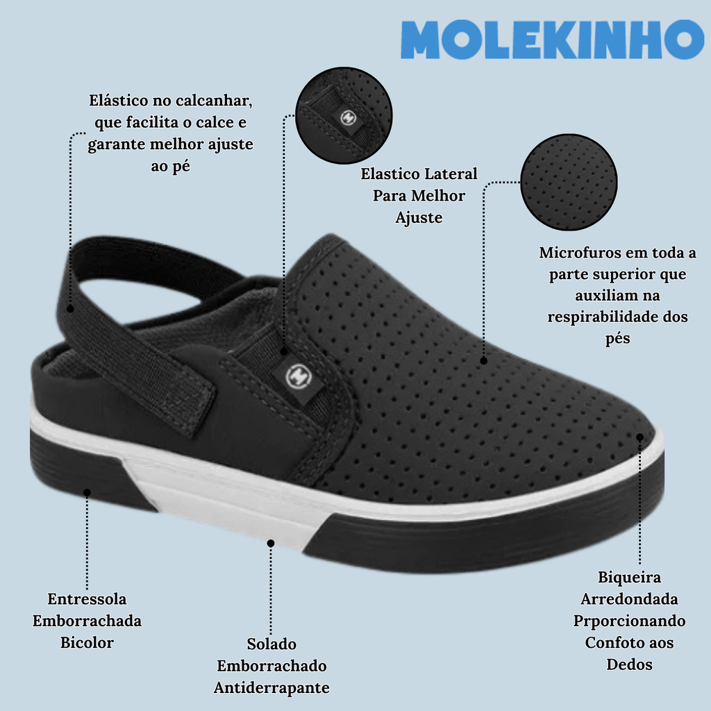 Tênis Mule Casual Molekinho 2136.645 Preto Fácil de Calçar e Super Confortável