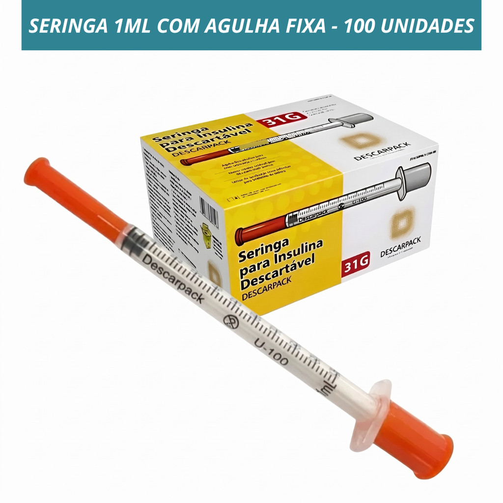 Seringa 1ml com agulha fixa ultrafina 6x0,25mm Descarpack Anvisa 100 unidades Profissional Clinica Hospitalar