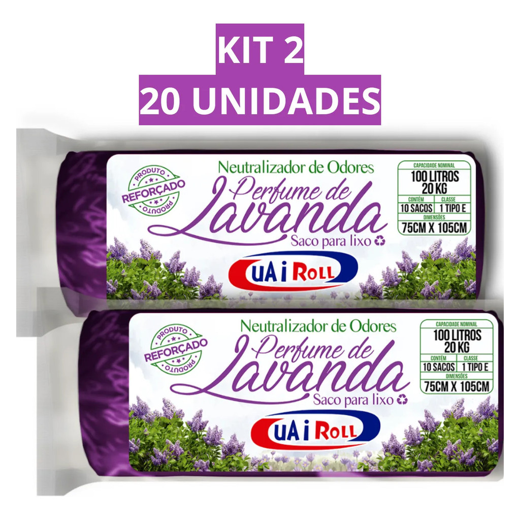 Saco De Lixo Kit 2 Rolls 100 Litros Tira Odor Perfumado Com Cheiro de Lavanda Com 20 Unidades