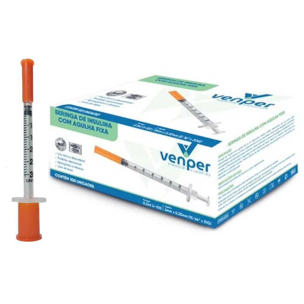 Seringa 0.3ml C/ Agulha Fixa 6x0,25mm Ultrafina 10 / 20 Unidades Venper