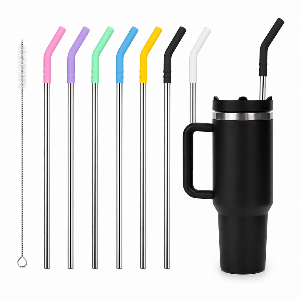 Kit Canudo de Aço Inoxidável 28cm com Ponta de Silicone e Escova de Limpeza para Copo Térmico 900/1200ml