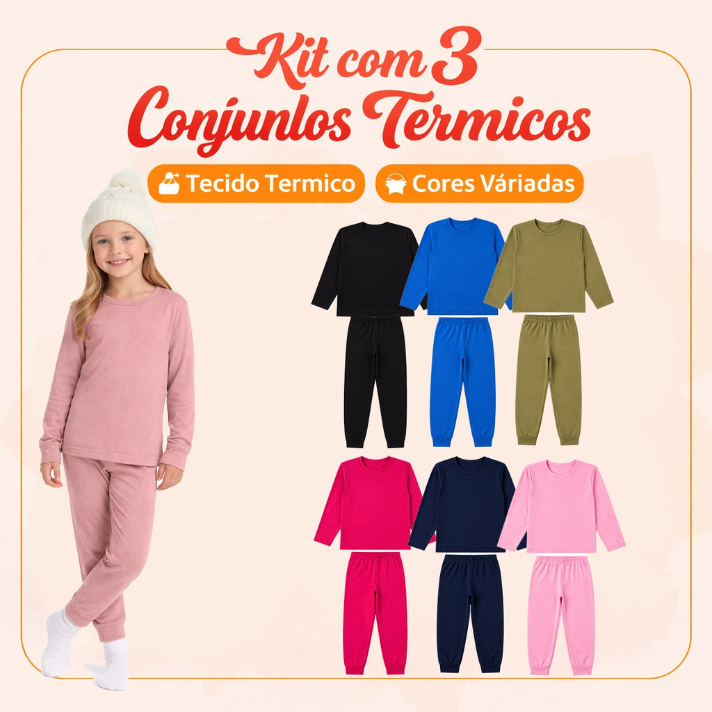 Kit 3 Conjunto Termico Camisa e Calca Segunda Pele Infantil Peluciado Quentinho Camiseta Frio