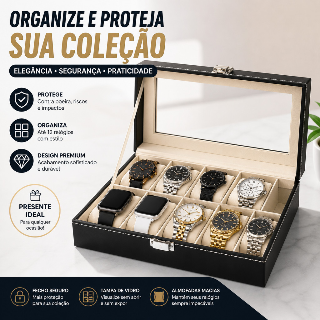 Caixa Maleta Estojo Preto Couro Para Guardar Relógios Porta Relógio E Oculos