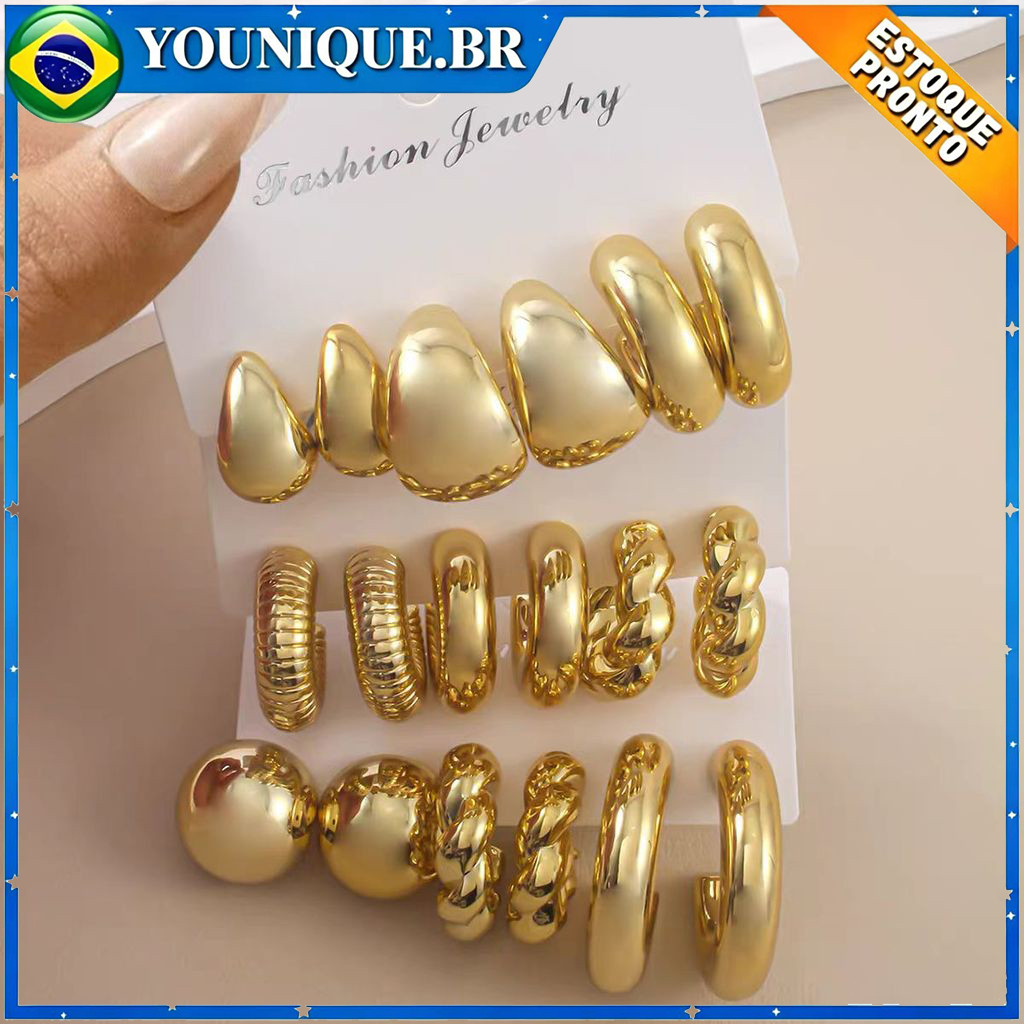 Conjunto de 9 pares de brincos dourados brincos geométricos torcidos em metal cores resistentes ao desbotamento