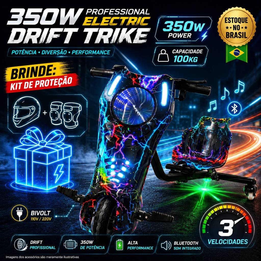 Triciclo Drift Elétrico 350W Profissional 8 Pol Suporta 100kg Bluetooth LED 3 Velocidades + Kit Proteção Completo Brinde