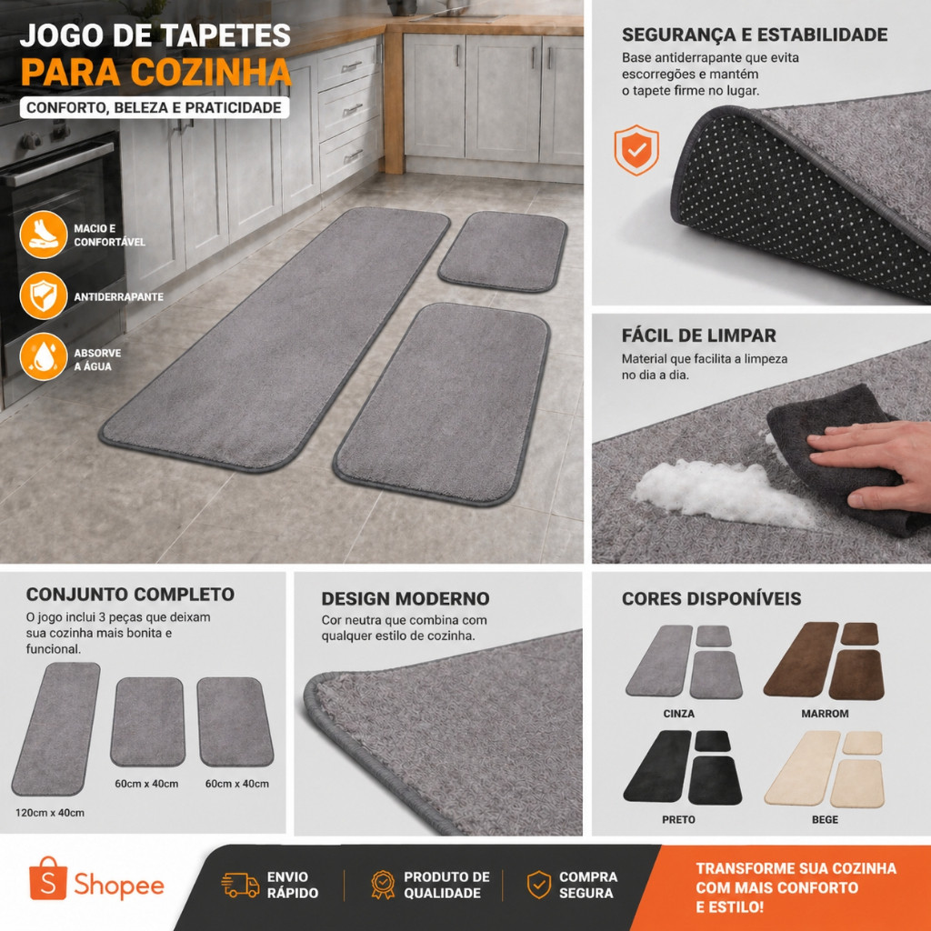 Jogo de Tapete para Cozinha Sala 3 Peças Varias cores Passadeira antiderrapante Decorativo para Piso