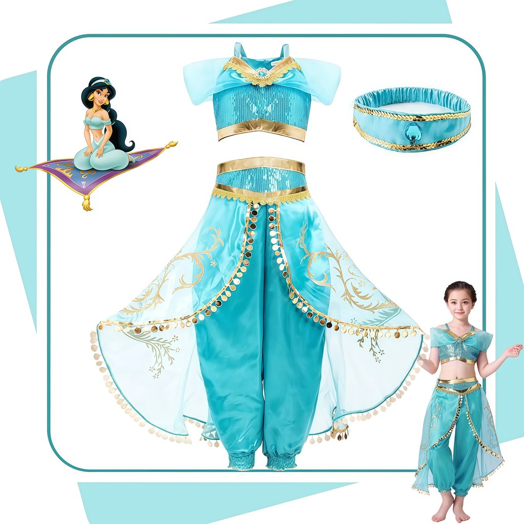 Fantasia Completa LUXO Disney Princesa Jasmine Infantil Classica + Coroa
