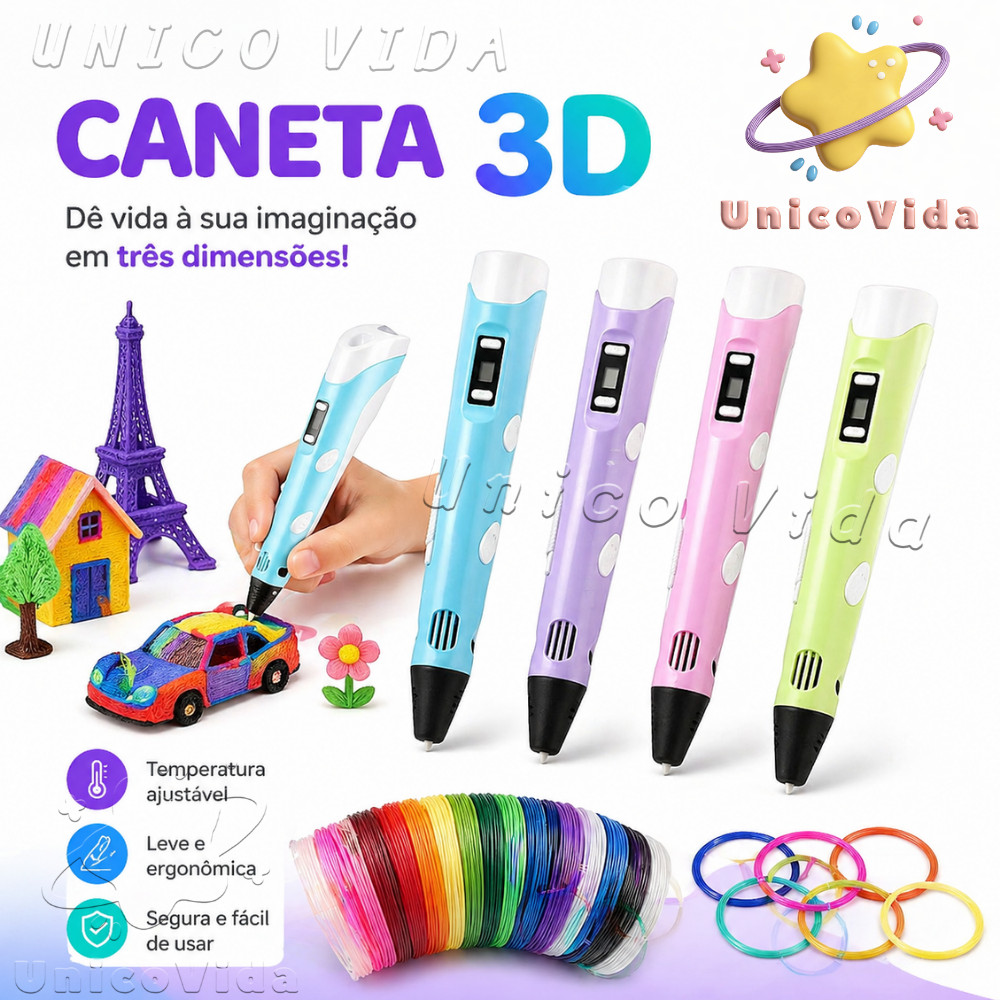 Caneta Impressora 3D Infantil com Refil PLA 1,75mm 10M para DIY Desenho e Pintura 3D Segura para Crianças
