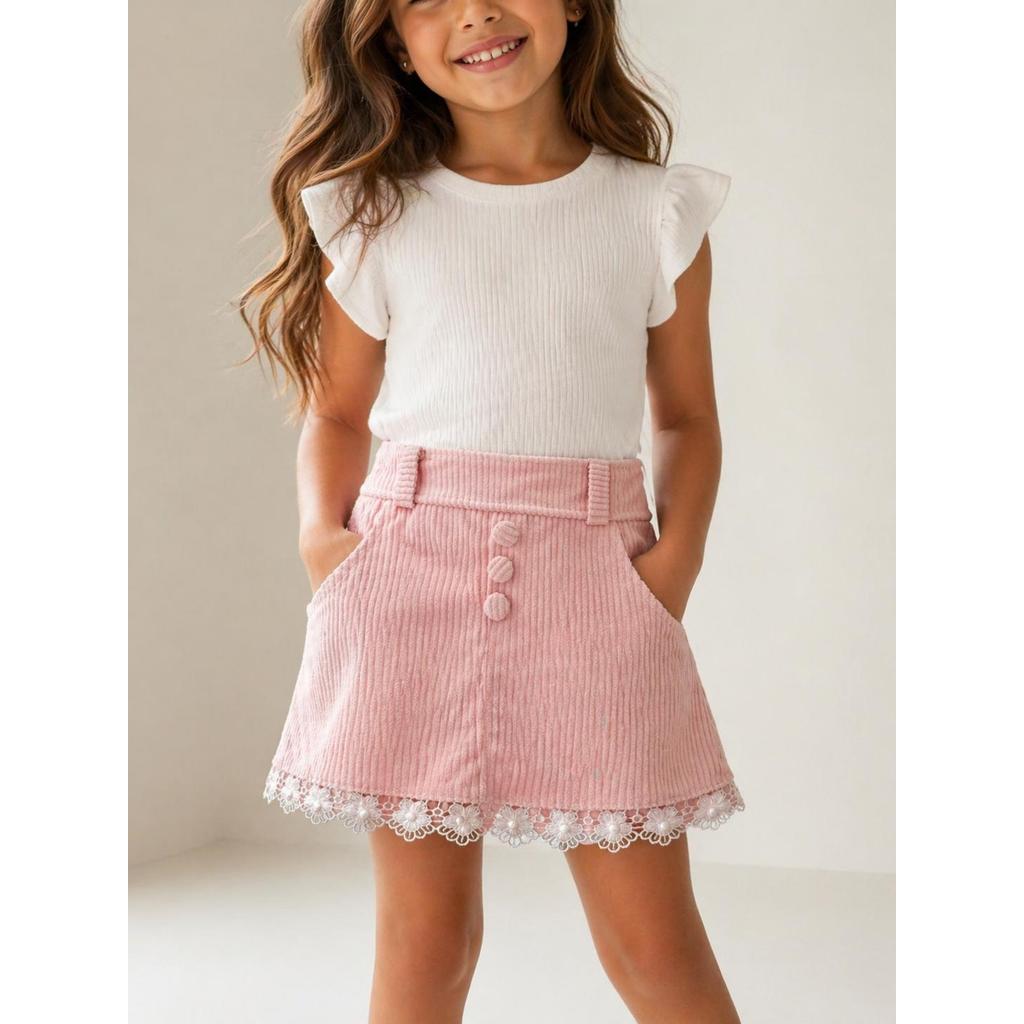Short Saia Infantil Veludo Cotele com renda Moda Feminina Menina Estilosa confortável