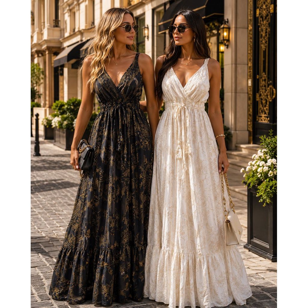 Vestido Longo Estampado em Seda Indiana com lastex nas costas