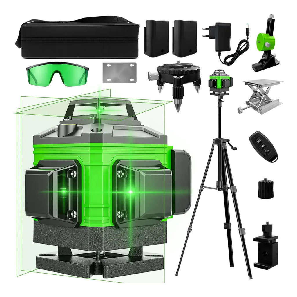Kit De Nível Laser Verde 12 Linhas 4d Autonivelante Com 2 Baterias Nivel A Laser com Tripé+Controle + Bolsa