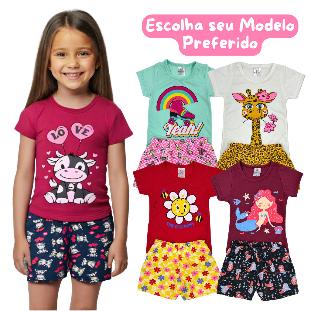 Conjunto Roupa Infantil Menina Verão Estampado Escolhido Avulso Camiseta + Shorts Leve e Confortável