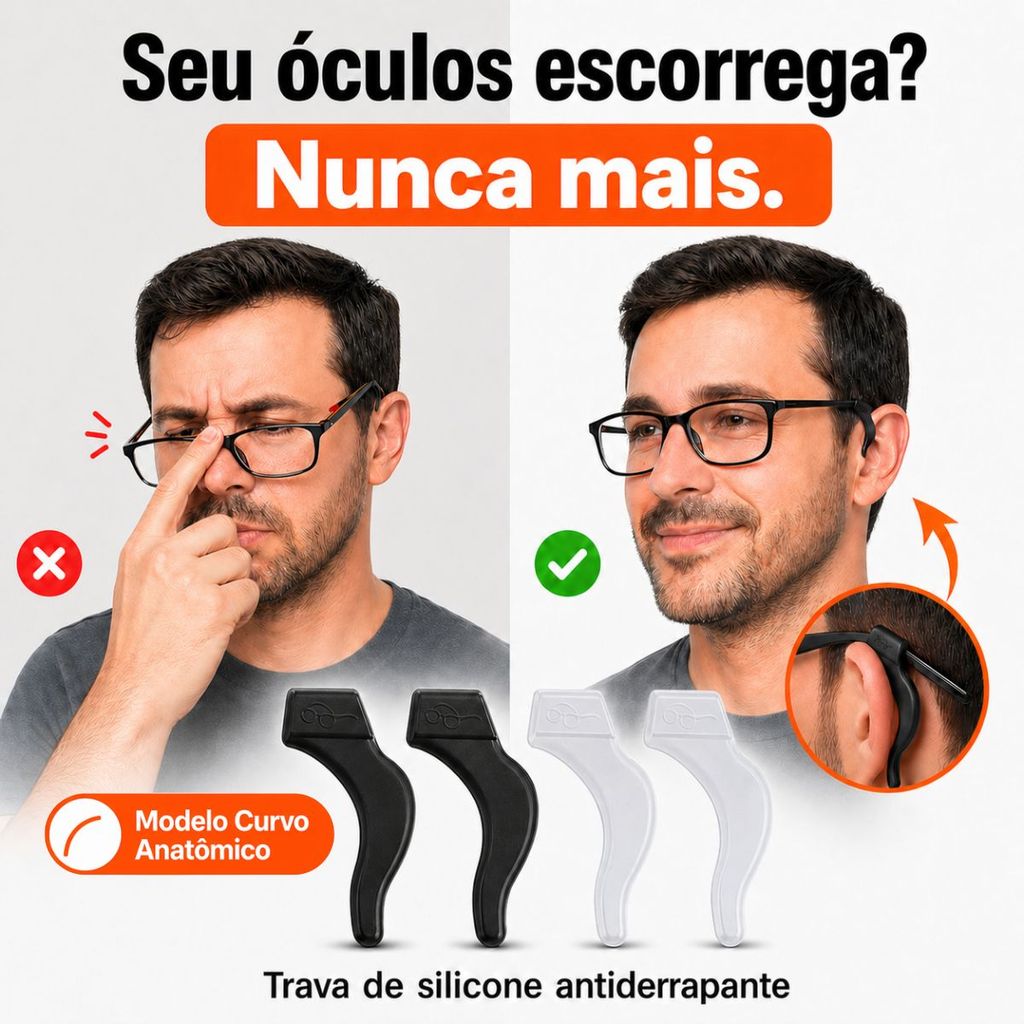 Gancho Antiderrapante para Óculos em Silicone Trava de Haste e Orelha Antiqueda Universal