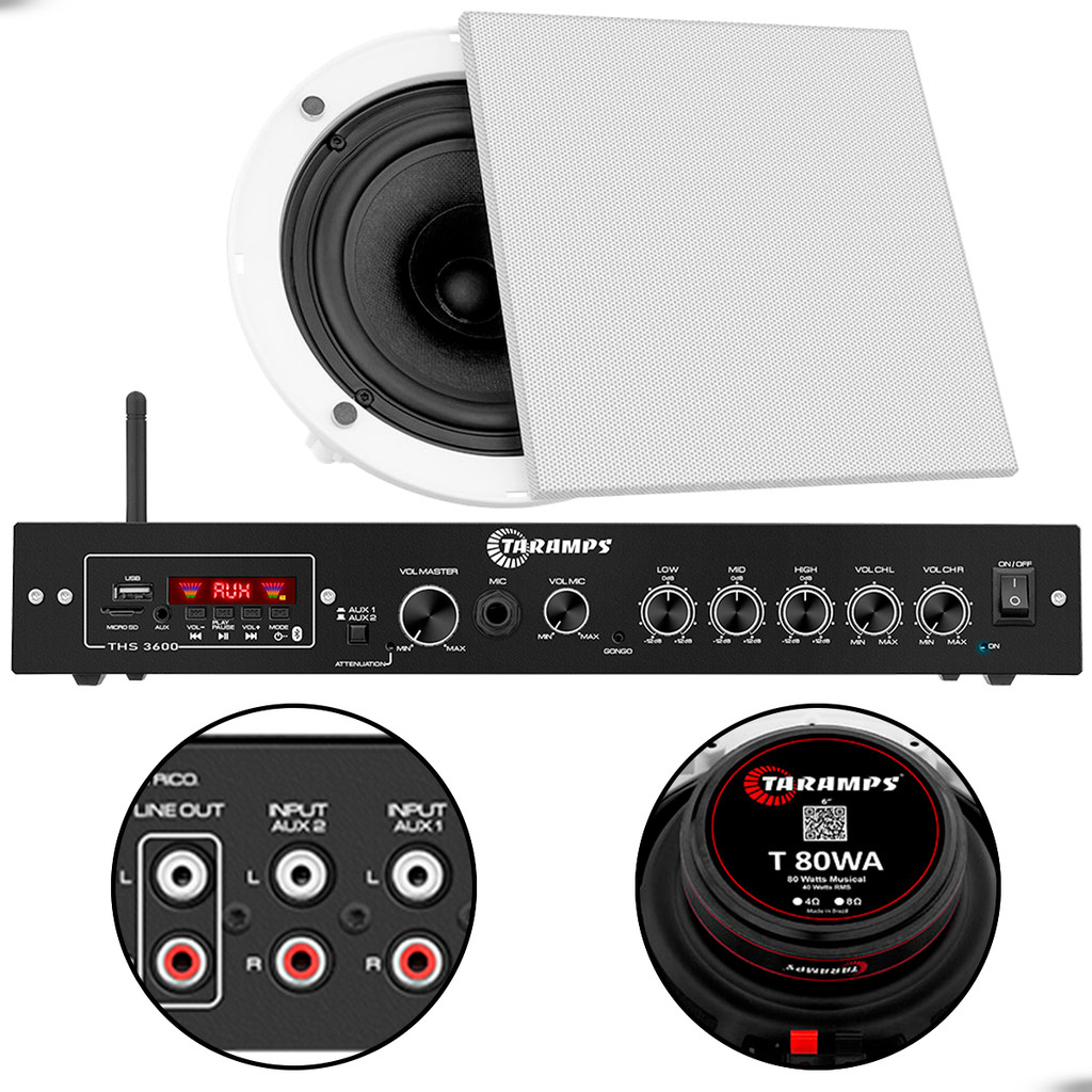 Kit Amplificador Receiver THS 3600 Taramps Bluetooth e Arandela Quadrada Branca 80W 4 Ohms Som Limpo de Qualidade