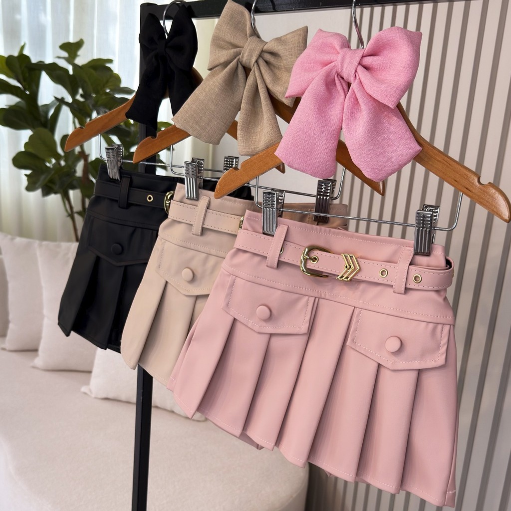 Short Saia Infantil Lívia Bege, Preto e Rosa Menina 04 ao 12