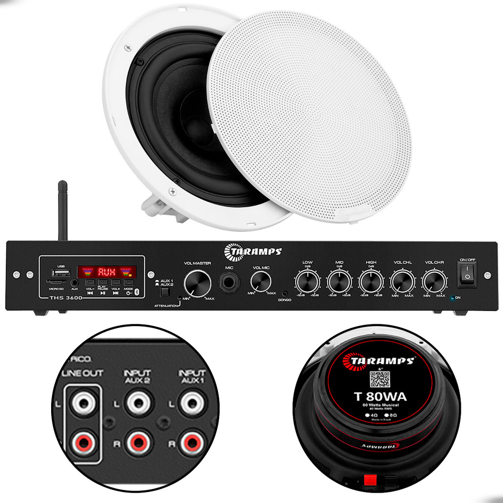 Kit Amplificador Receiver THS 3600 Taramps Bluetooth e Arandela Redonda Branca 80W 8 Ohms 6 Polegadas Som Limpo