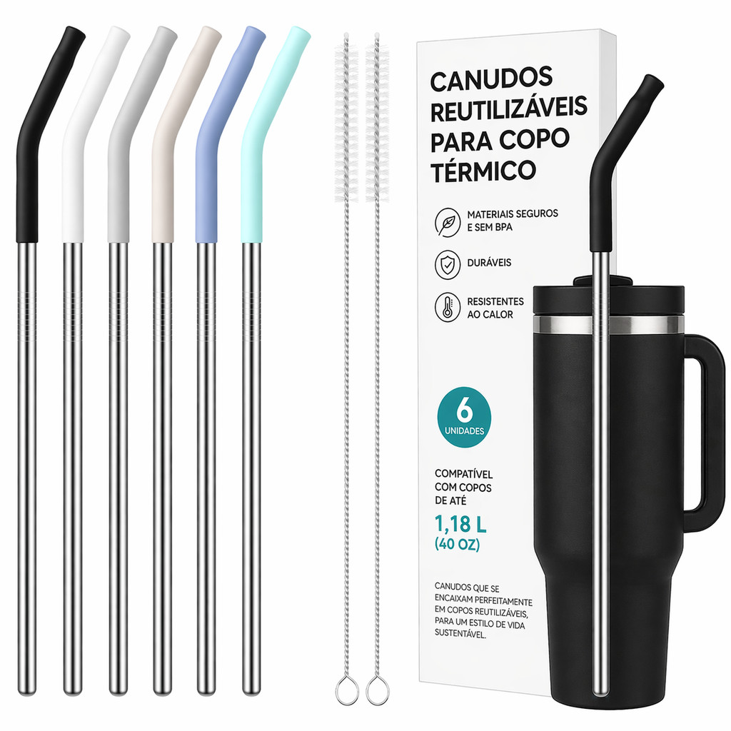 Kit Canudo de Aço Inoxidável 28cm com Ponta de Silicone e Escova de Limpeza Copo Térmico 900/1200ml