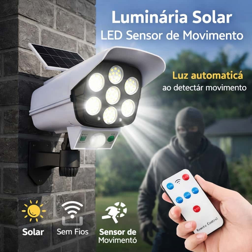 Refletor Solar LED Sensor de Movimento Estilo Câmera com Controle Remoto Luz Externa Segurança