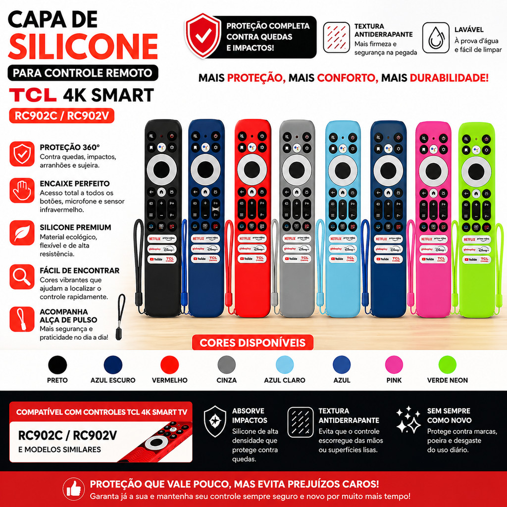 Capa de Silicone Premium para Controle Remoto TV TCL 4K RC902C Smart Universal Antichoque Proteção Contra Quedas