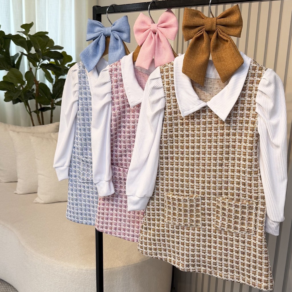 Vestido Infantil Luana Xadrez Rosa, Marrom e Azul Menina 04 ao 10