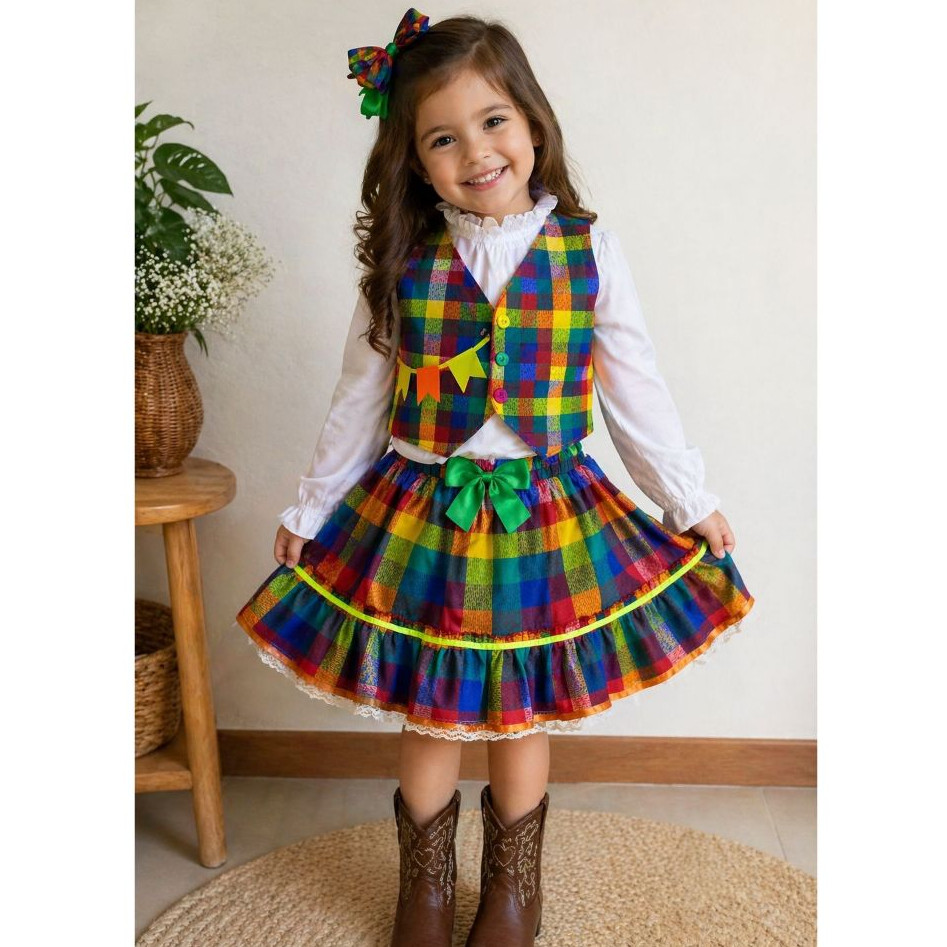 Conjunto Junino Saia e Colete Xadrez Menina Festa Junina Arraial São João