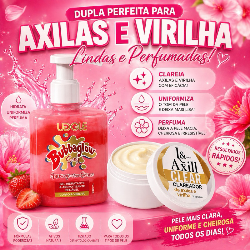 Kit Clareador De Virilha E Axilas + Gel Hidratante Beijável De Morango Com Creme