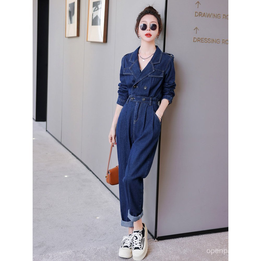 Macacão jeans elegante estilo deusa para mulheres, novo modelo primavera/outono 2025, cintura marcada, efeito emagrecedo