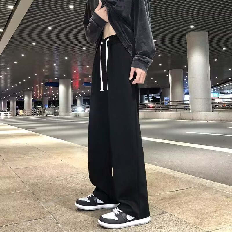 Pronto estoque Calça reta preta masculina drapeada solta 2025 primavera outono novo estilo meninos perna larga All-Match