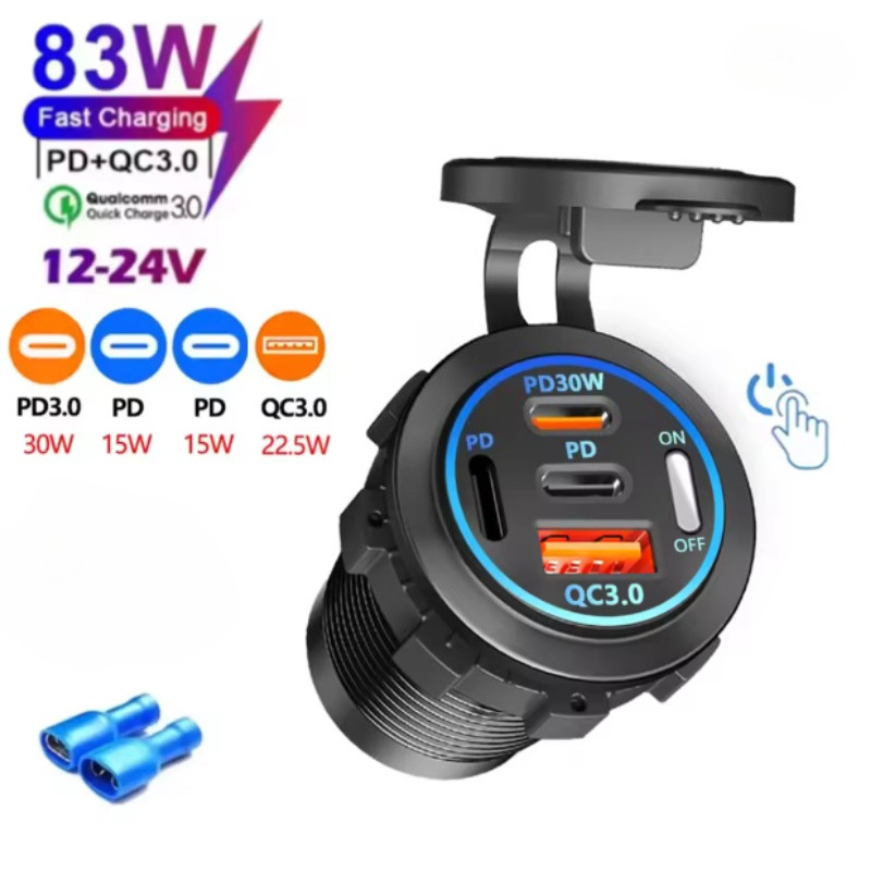Novo 4 Portas Duplo PD QC 3.0 USB Carregador De Carro Com Voltímetro Tomada Adaptador De Energia À Prova Dwaterproof Águ