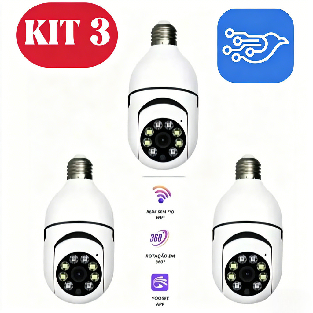 KIT 3 Câmera IP WiFi Sem Fio V360 pro APP Rotativo 360 Com Lâmpada Tomada Rosca PTZ Full HD Visão Noturna Segurança