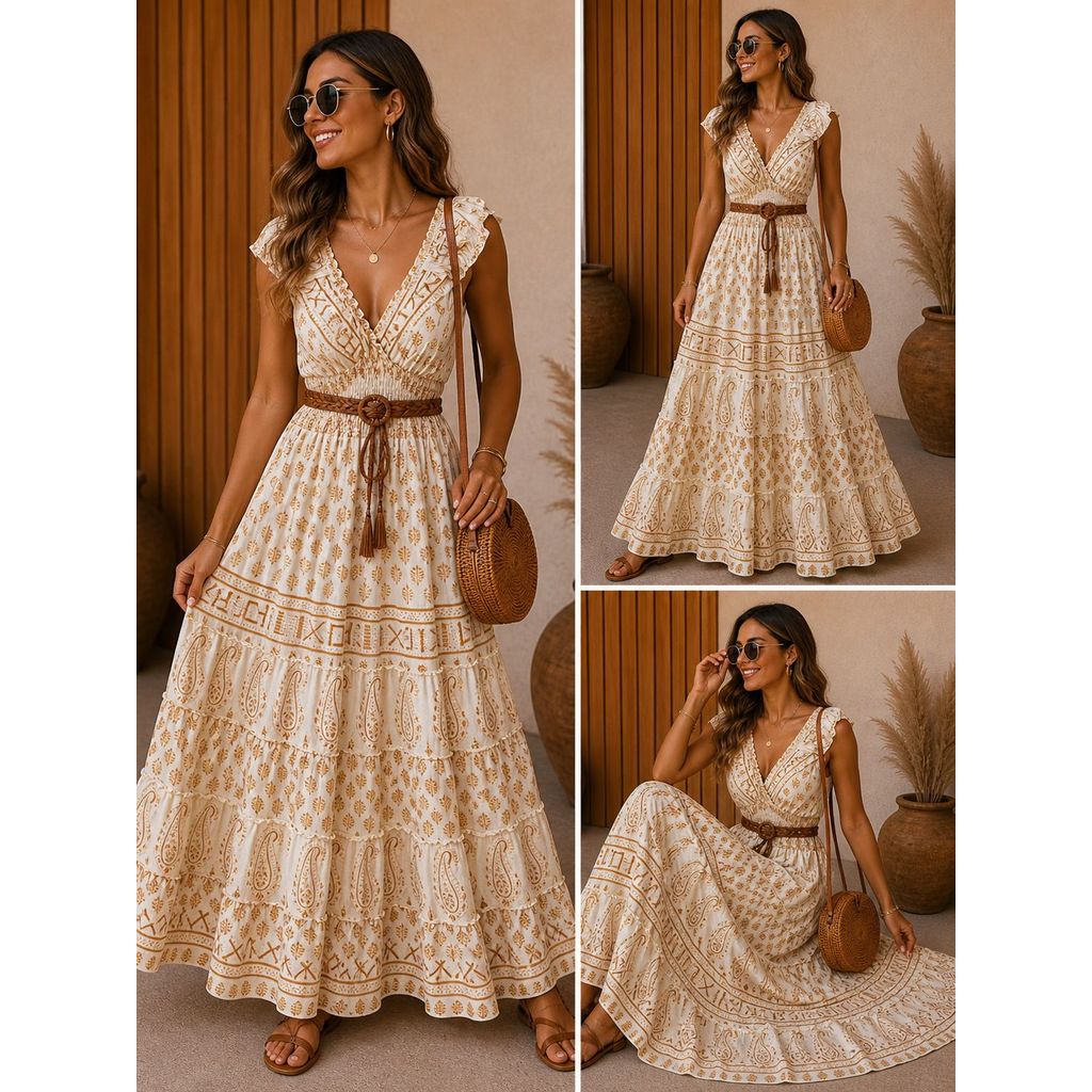 VESTIDO DE SEDA COM MANGA ESTAMPADO INDIANO, CIGANINHA, OMBRO A OMBRO