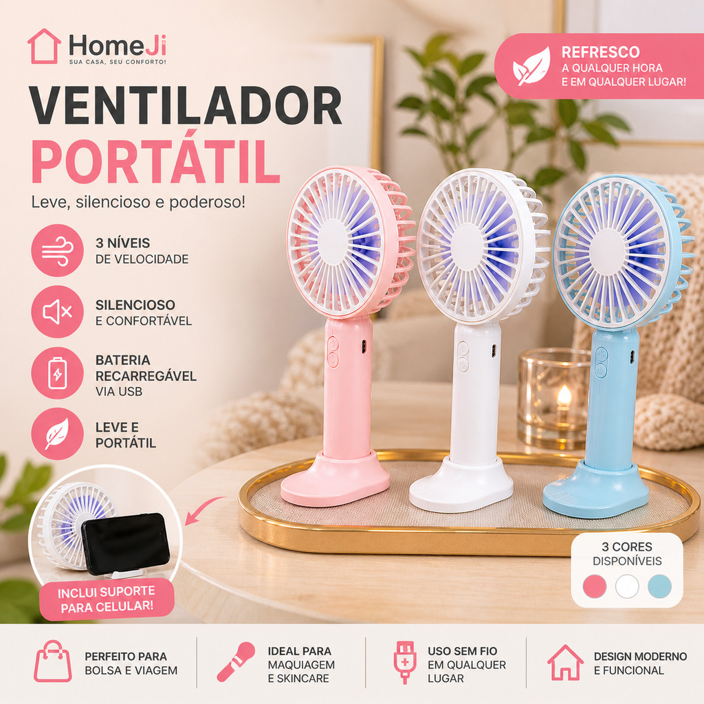 Ventilador Portátil Elegante USB Recarregável Com Suporte Celular Para Quarto E Penteadeira