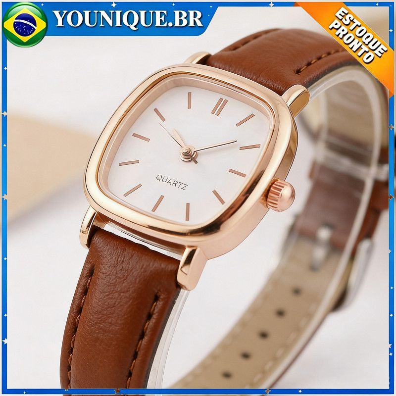 Pulseira quadrada de couro marrom com mostrador pequeno Relógio feminino moderno ideal para uso diário
