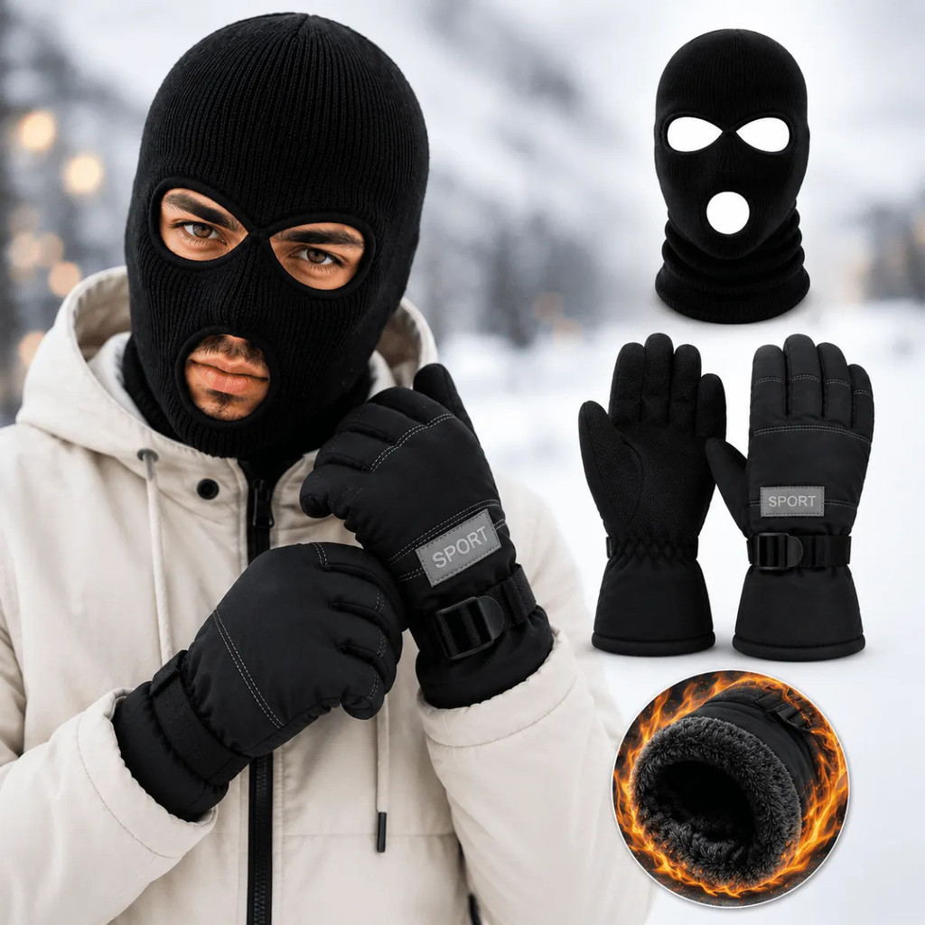 Kit Balaclava Luva Impermeável Peluciada Frio Motoqueiro Sport inverno Neve Térmica Motoboy Unissex