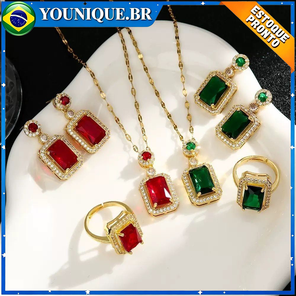 Conjunto de luxo de 3 peças em aço inoxidável com colar brincos e anel de esmeralda para mulheres